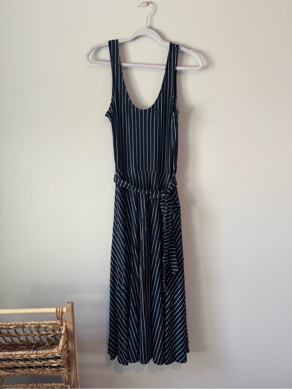 Banana Republic Navy Striped Midi Dress with Tie Waist